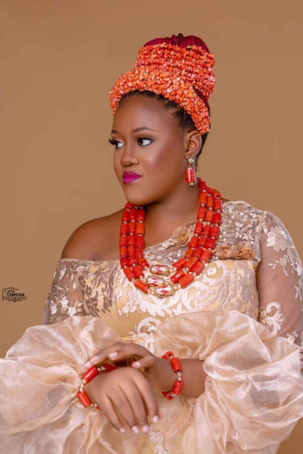 Ifeoma coral hair wrap, coral Alice band, Coral glass bead.
